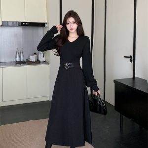 Solid V-Neck Long Sleeve Belted Black Dress for Women Fall Commute