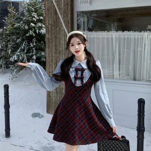 Plaid Faux Two-Piece Long Sleeve Waist-Cinched Dress for Women 2025 Autumn Winter New Plus Size