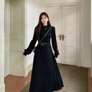 Solid Half-Turtleneck Little Black Dress Slim Waist Fall Base Layer Dress