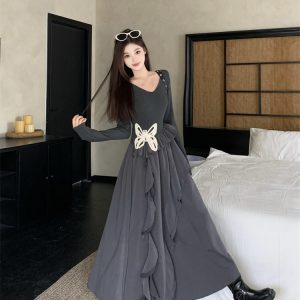 Women's Butterfly Irregular Hem Long Sleeve Little Black Dress Slim Fit