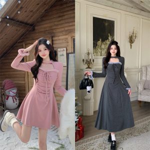 Plus Size Faux Fur Panel Long Sleeve Waist Cinched Dress Women Autumn Winter New