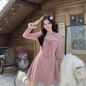 Plus Size Faux Fur Spliced Long Sleeve Waist Cinched Dress Women Autumn Winter New
