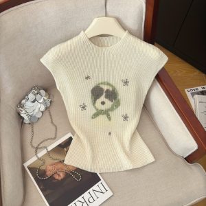 Cartoon Knit Top for Women Sweet Cool Slimming Short Sleeve Fall 2026