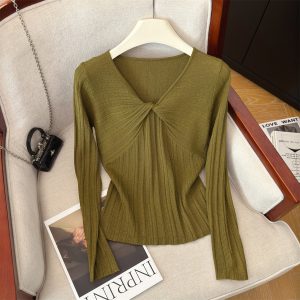 Women's Knotted Knit Top Long Sleeve Slimming Elegant Pullover Fall 2026