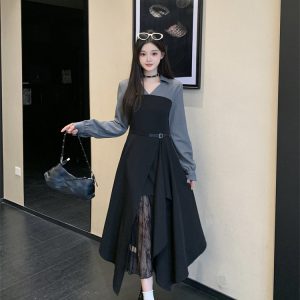 Autumn Winter Spliced Shirt Dress Lace Asymmetric Long Sleeve
