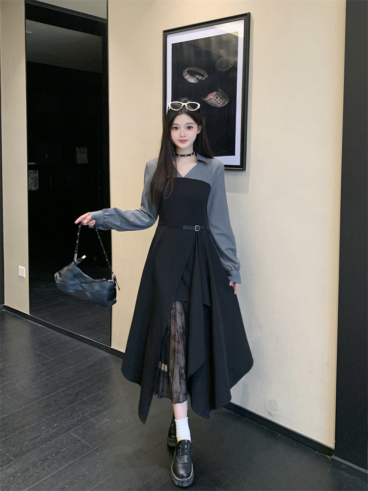 Autumn Winter Spliced Shirt Dress Lace Asymmetric Long Sleeve