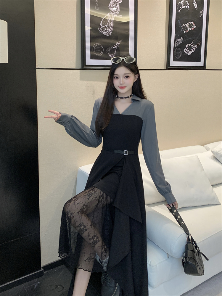 Autumn Winter Spliced Shirt Dress Lace Asymmetric Long Sleeve - Image 2