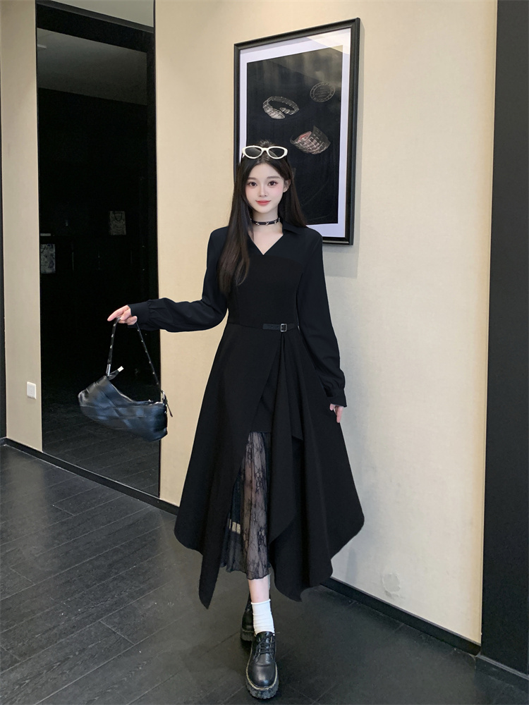 Autumn Winter Spliced Shirt Dress Lace Asymmetric Long Sleeve - Image 3