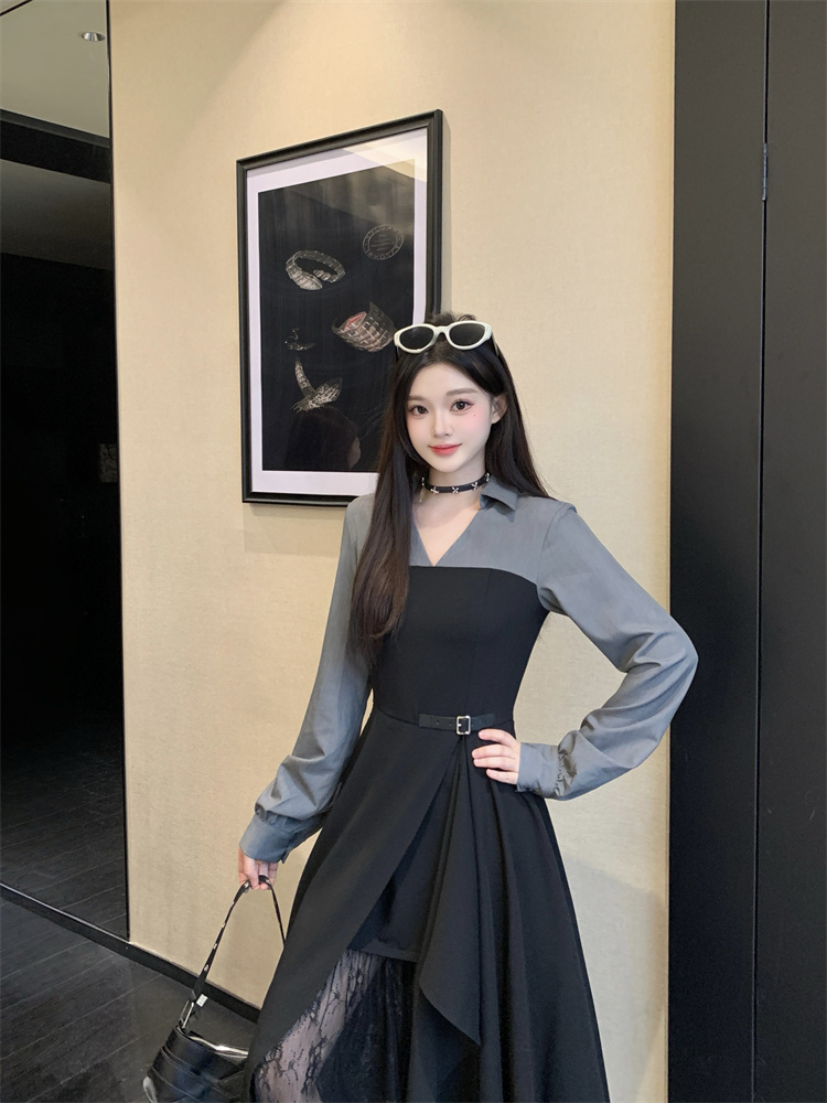 Autumn Winter Spliced Shirt Dress Lace Asymmetric Long Sleeve - Image 4