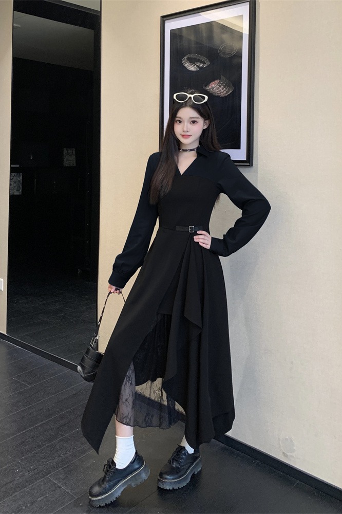 Autumn Winter Spliced Shirt Dress Lace Asymmetric Long Sleeve - Image 5