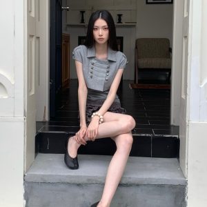 Knight Style Double Breasted Cropped Jacket Top Spring Cami Vest Two Piece Set with Gray Glitter Lantern Shorts