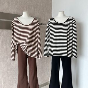 Korean Lazy Style V-Neck One-Shoulder Striped Top and Slimming Flared Pants 2026 Early Autumn Commuter Two-Piece Set