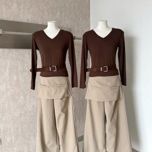 Korean Retro V-Neck Long Sleeve Top and Wide Leg Pants Two Piece Set for Women