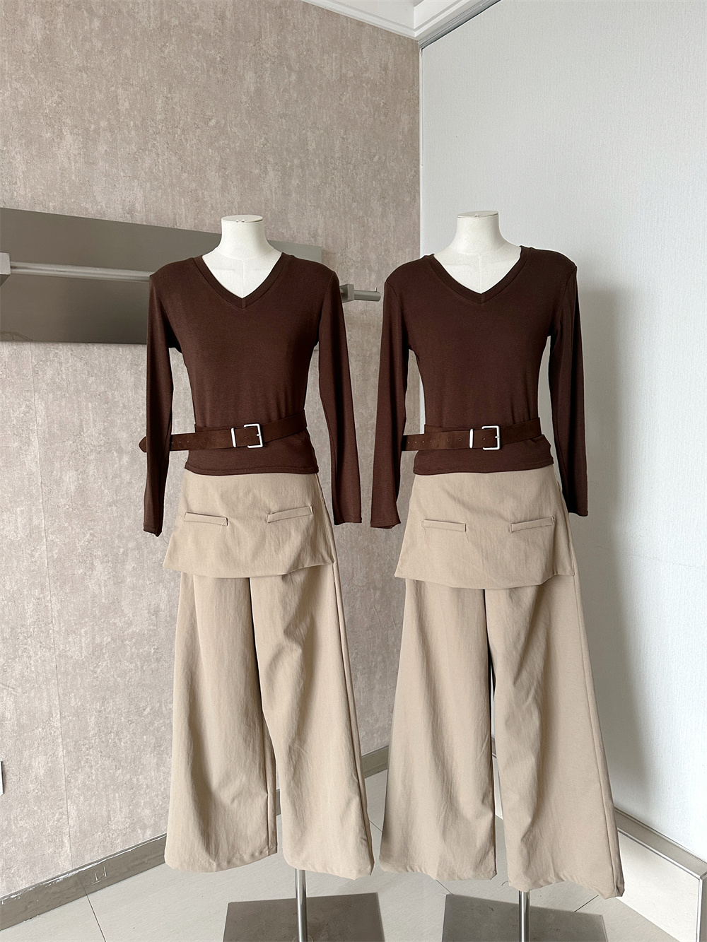 Korean Retro V-Neck Long Sleeve Top and Wide Leg Pants Two Piece Set for Women
