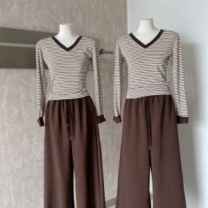 Korean Style Early Autumn Slimming Striped V-Neck Top and Wide-Leg Pants Casual Two-Piece Set