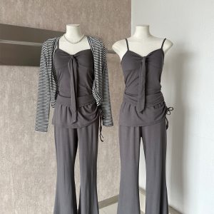 Korean Style Three-Piece Set for Women Long Sleeve Sun Protection Cardigan Bow Cami Top Casual Flared Pants