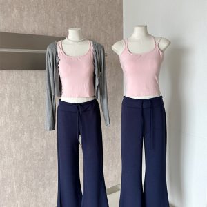 Korean Sweet and Spicy Pink Cami Vest with Gray Sun Protection Cardigan Three Piece Set for Women