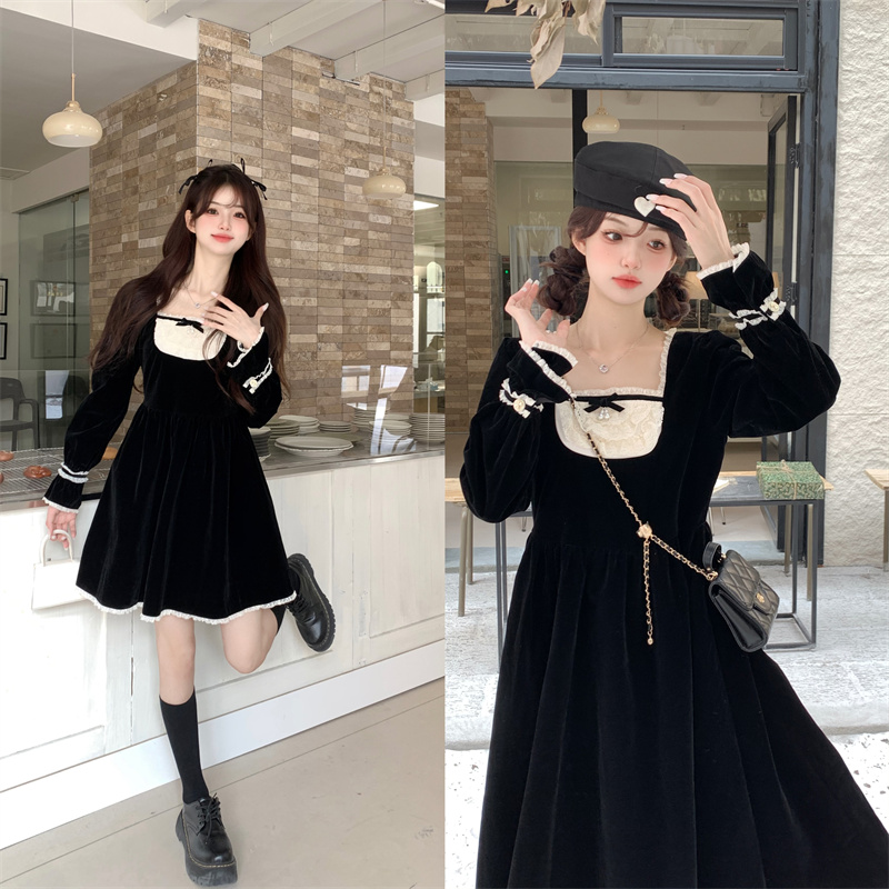 Lace Trim Pearl Velvet Long Sleeve Palace Princess Dress
