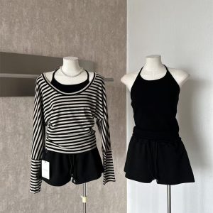 LL Women 3-Piece Striped T-Shirt Cami and Shorts Set Autumn Lazy Loose Fit
