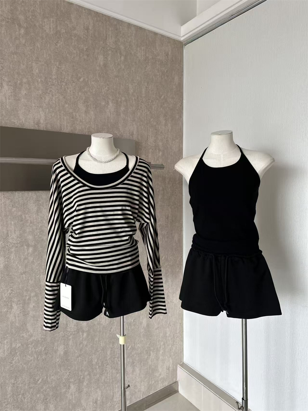 LL Women 3-Piece Striped T-Shirt Cami and Shorts Set Autumn Lazy Loose Fit