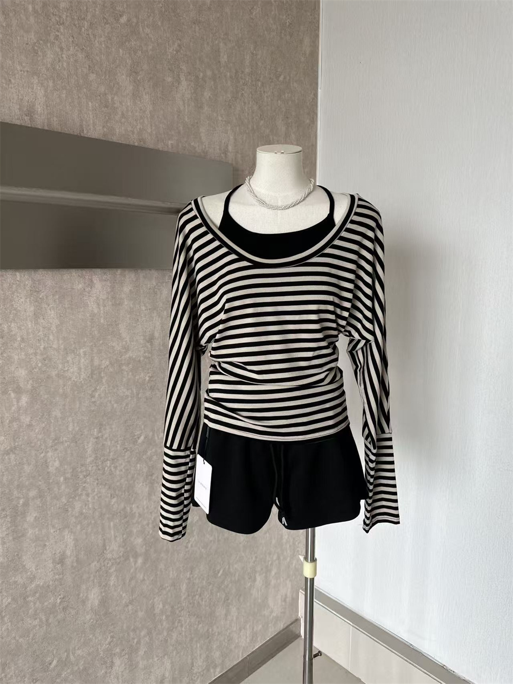 LL Women 3-Piece Striped T-Shirt Cami and Shorts Set Autumn Lazy Loose Fit - Image 2