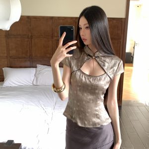 New Chinese Style Women's Polka Dot Qipao Top Slim Fit Stand Collar Short Sleeve Retro Casual