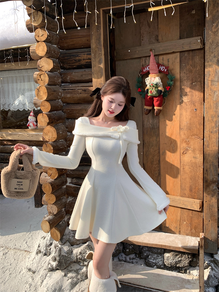Off-Shoulder White Knit Dress Women Autumn Winter 2025 New Layering Sweater Dress Elegant Princess Long Dress - Style d3bf42