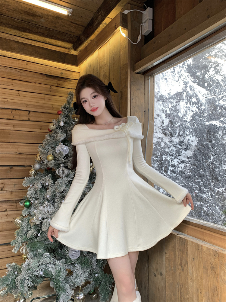 Off-Shoulder White Knit Dress Women Autumn Winter 2025 New Layering Sweater Dress Elegant Princess Long Dress - Style d3bf42 - Image 2