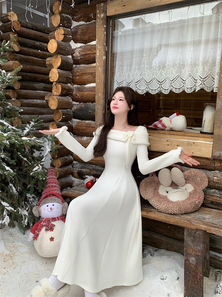 Off-Shoulder White Knit Dress Women Autumn Winter 2025 New Layering Sweater Dress Elegant Princess Long Dress - Style d3bf42 - Image 3