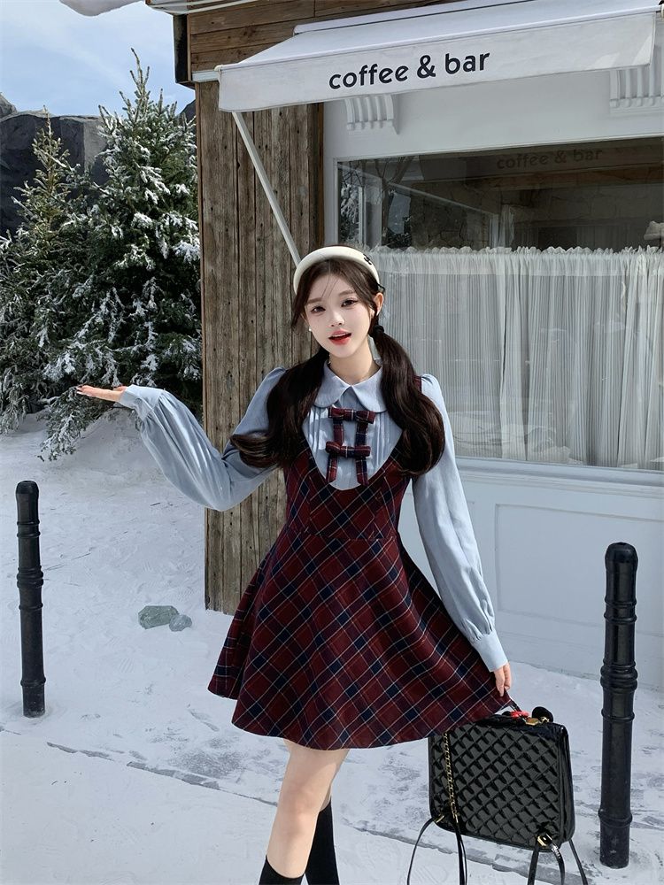 Plaid Faux Two-Piece Long Sleeve Waist-Cinched Dress for Women 2025 Autumn Winter New Plus Size