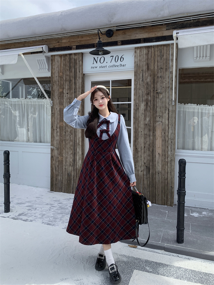 Plaid Faux Two-Piece Long Sleeve Waist-Cinched Dress for Women 2025 Autumn Winter New Plus Size - Image 2