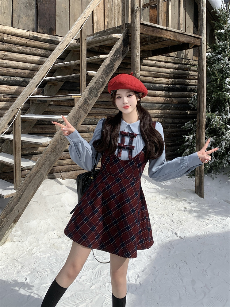 Plaid Faux Two-Piece Long Sleeve Waist-Cinched Dress for Women 2025 Autumn Winter New Plus Size - Image 3