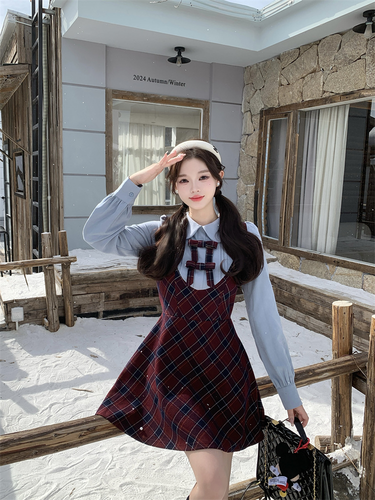 Plaid Faux Two-Piece Long Sleeve Waist-Cinched Dress for Women 2025 Autumn Winter New Plus Size - Image 4