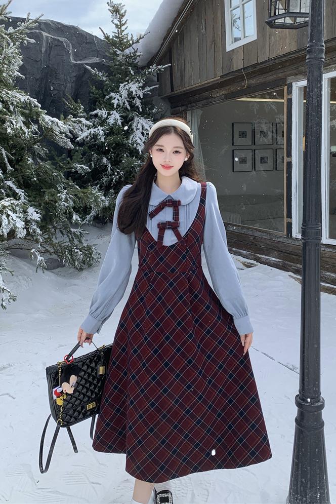 Plaid Faux Two-Piece Long Sleeve Waist-Cinched Dress for Women 2025 Autumn Winter New Plus Size - Image 5