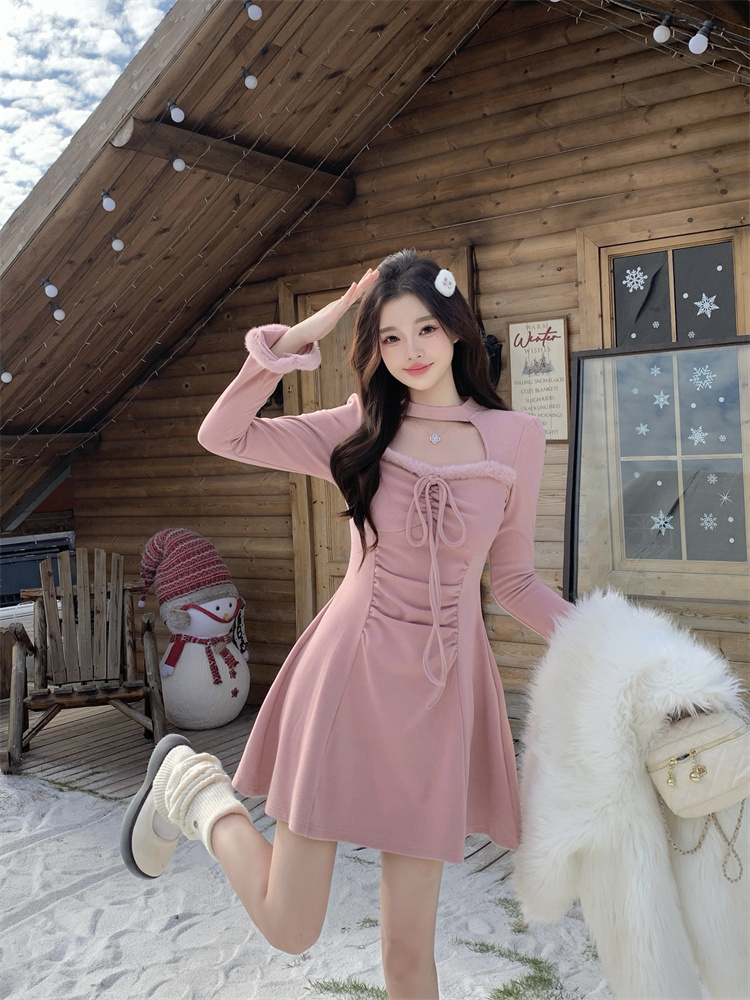 Plus Size Faux Fur Spliced Long Sleeve Waist Cinched Dress Women Autumn Winter New