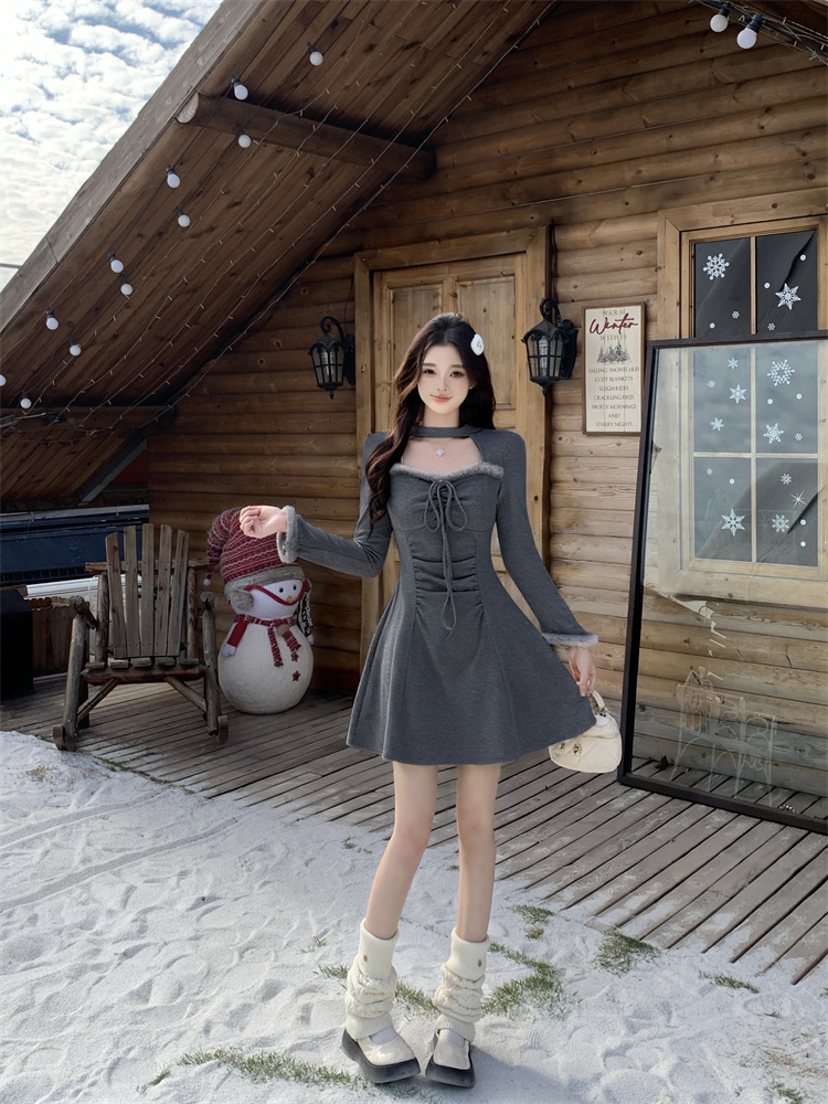 Plus Size Faux Fur Panel Long Sleeve Waist Cinched Dress Women Autumn Winter New - Image 2