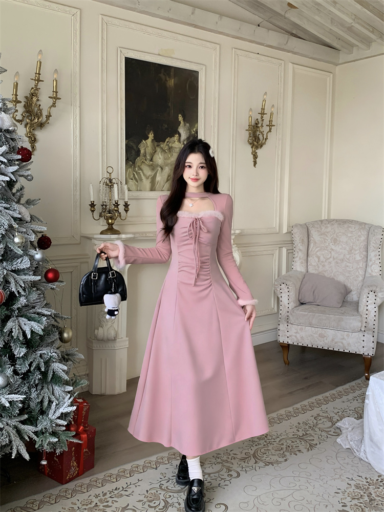 Plus Size Faux Fur Panel Long Sleeve Waist Cinched Dress Women Autumn Winter New - Image 3