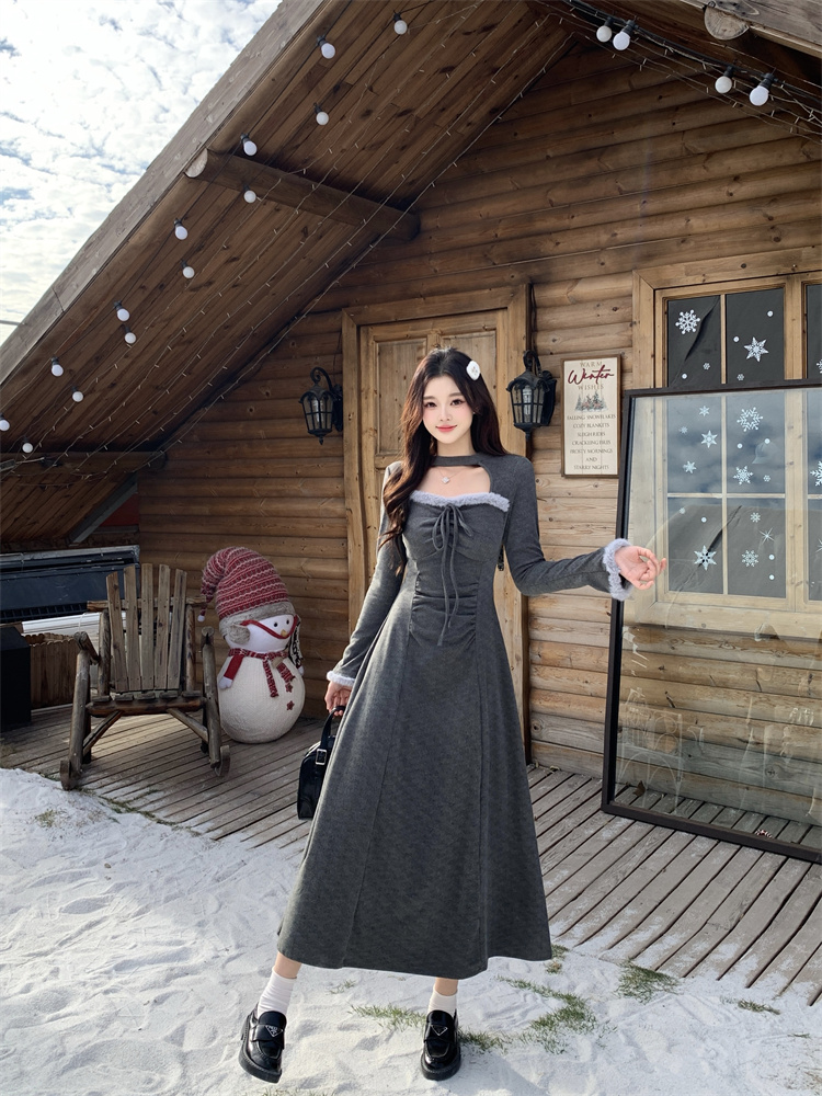 Plus Size Faux Fur Panel Long Sleeve Waist Cinched Dress Women Autumn Winter New - Image 4