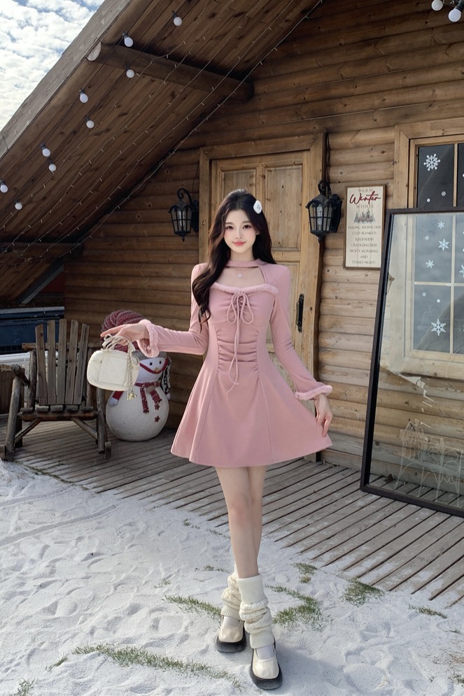 Plus Size Faux Fur Panel Long Sleeve Waist Cinched Dress Women Autumn Winter New - Image 5