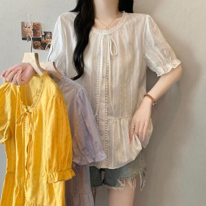 Plus Size Sweet Bow Tie Ruffle Short Sleeve Shirt Summer 2026