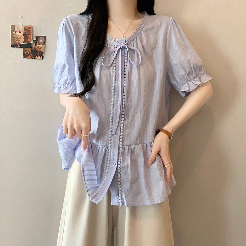 Plus Size Sweet Bow Tie Ruffle Short Sleeve Shirt Summer 2026 - Image 2