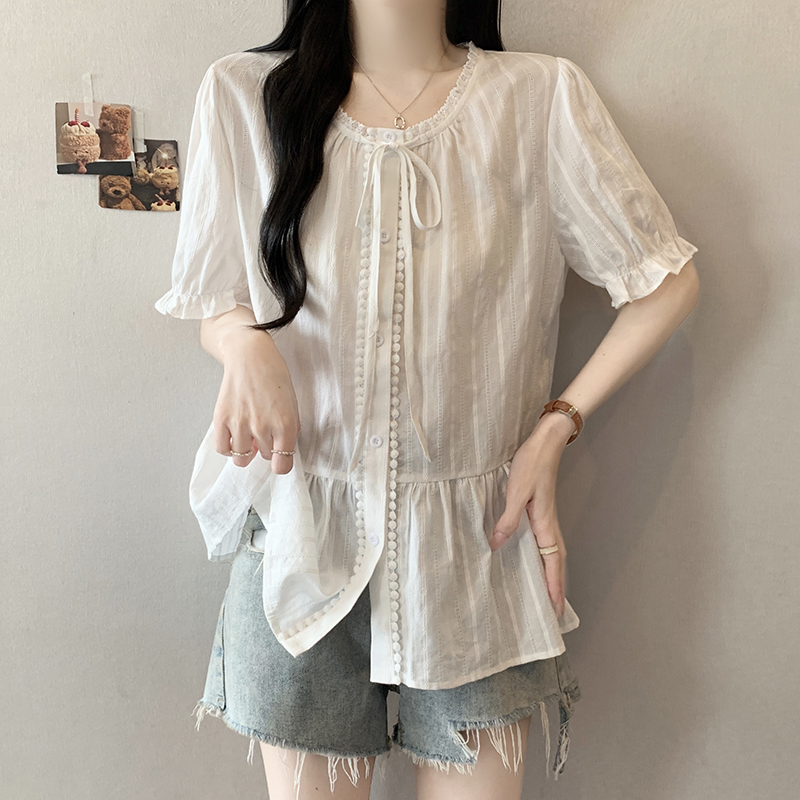 Plus Size Sweet Bow Tie Ruffle Short Sleeve Shirt Summer 2026 - Image 3