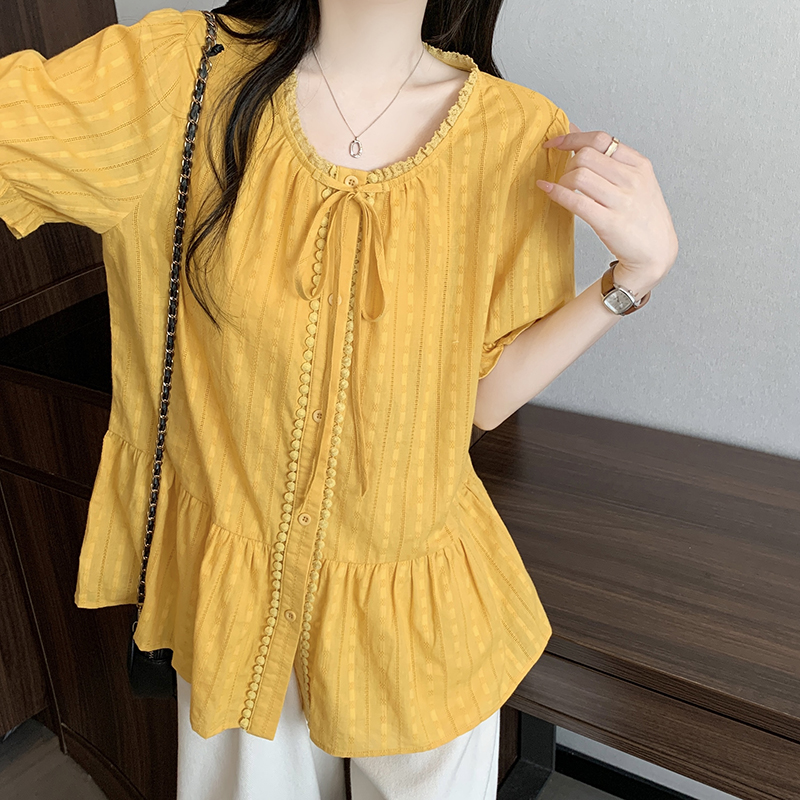 Plus Size Sweet Bow Tie Ruffle Short Sleeve Shirt Summer 2026 - Image 4