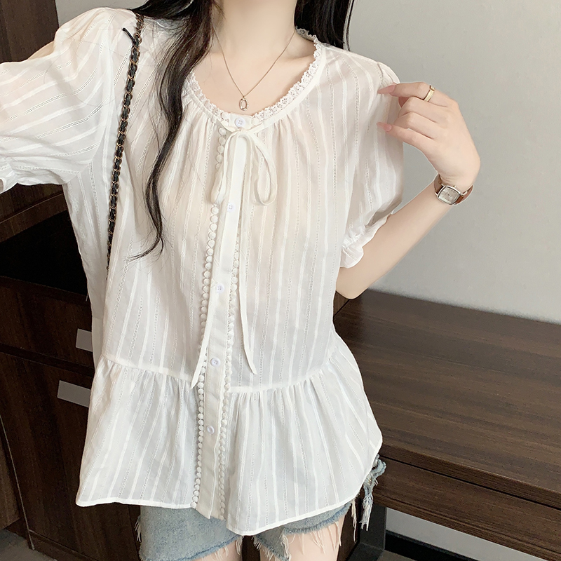 Plus Size Sweet Bow Tie Ruffle Short Sleeve Shirt Summer 2026 - Image 5