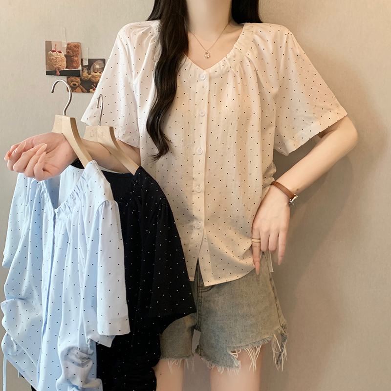Plus Size V-Neck Polka Dot Drawstring Short Sleeve Top Summer 2026
