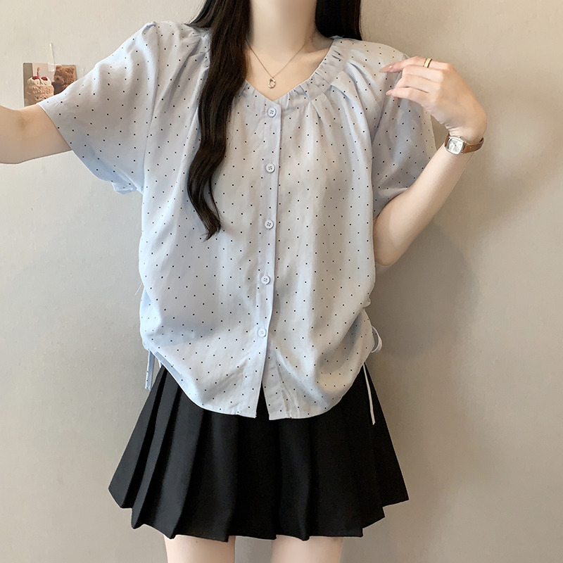Plus Size V-Neck Polka Dot Drawstring Short Sleeve Top Summer 2026 - Image 5