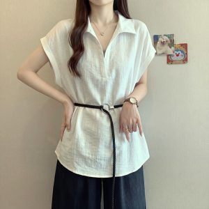 Plus Size Women Summer Short Sleeve Ruffle Sleeve Waist Shirt 2026