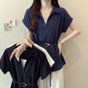 Plus Size Women Summer Short Sleeve Knit Shirt 2026 New Slimming Waist Top