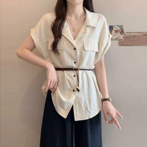 Plus Size Women Summer Short Sleeve Shirt with Fly Sleeves and Waist Fit 2026 New
