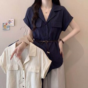Plus Size Women's Summer 2026 Fly Sleeve Waist-Cinching Slimming Short Sleeve Shirt